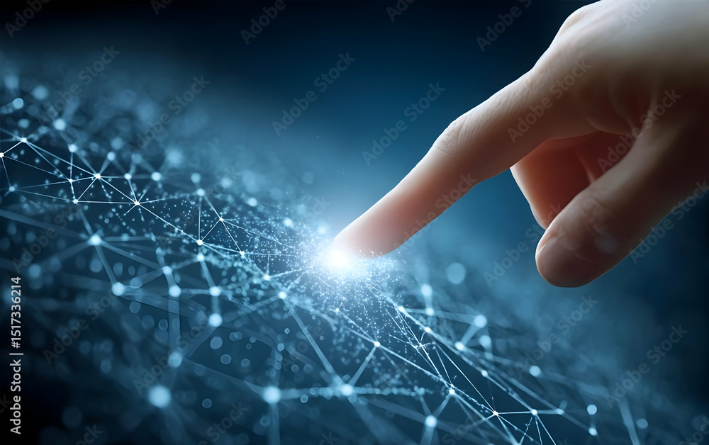 Poster a hand reaching out to touch a luminous network of connections and data points, symbolizing technolo