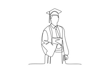 Graduate student wearing gown and cap in continuous line drawing