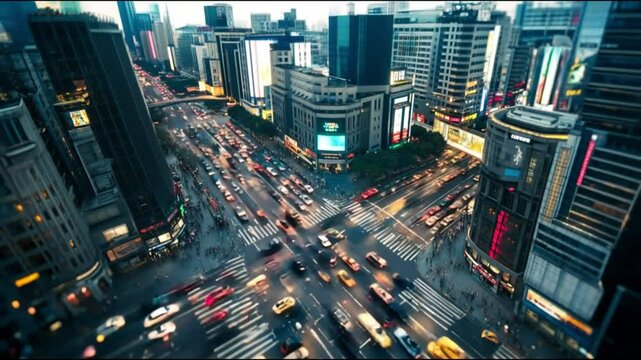 Time lapse, Top view. A large number of cars are running on the road during rush hour in the city. 