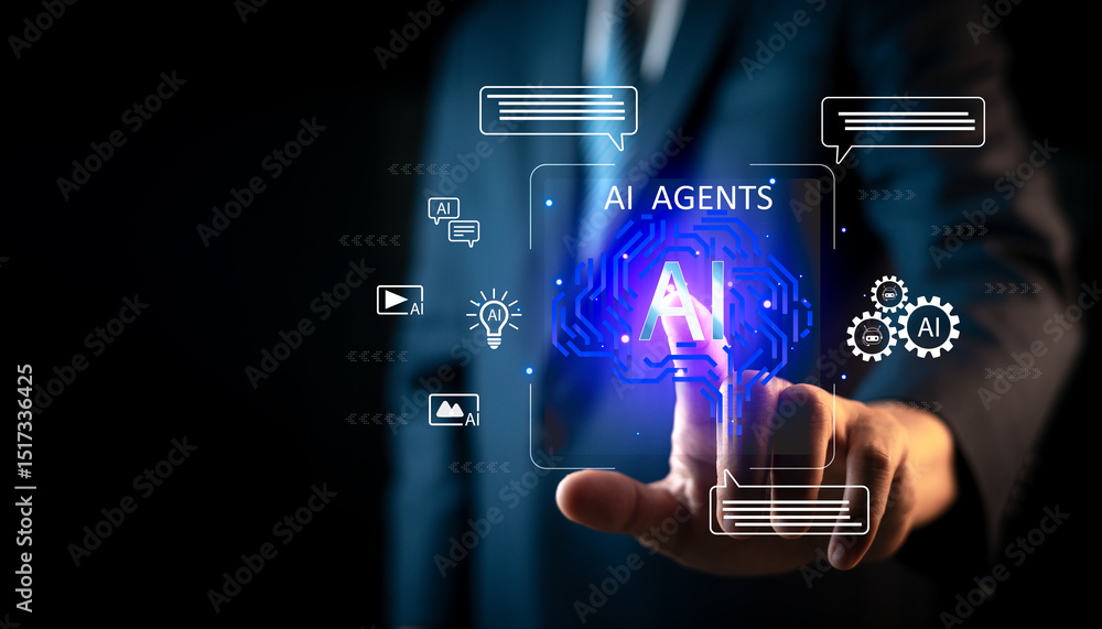 Poster businessmen using ai agent interfaces for intelligent automation systems and digital communication, 