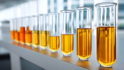 Colorful liquid samples in glass test tubes on a laboratory table showcasing varying shades and compositions.