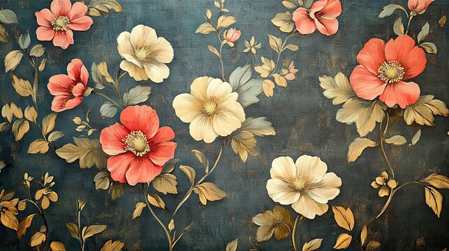 Elegant vintage floral arrangement evoking a sense of peaceful nostalgia with blooming coral and cream flowers against a