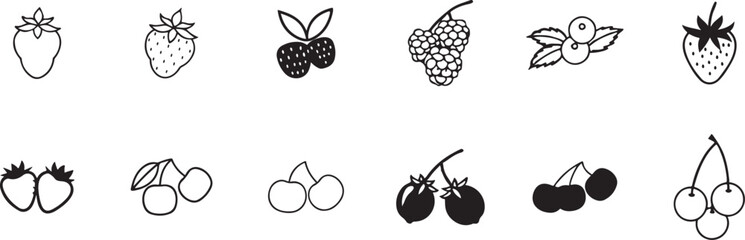 Healthy fruits Illustration Kit: Black and White Icons of Strawberries, Blueberries, and Raspberries for Graphic Design.