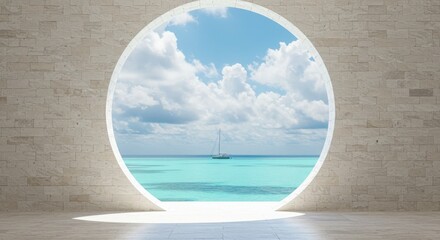 Fototapeta premium A round futuristic doorway opening to a beautiful tropical sea and bright blue sky in summer light 