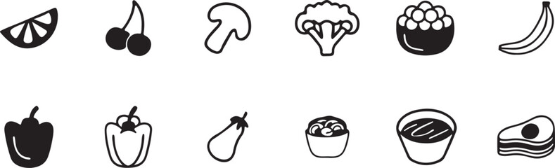 Outline and Solid Fruit Icon Collection: Diverse Graphics for Web, App, and Healthy Lifestyle Projects.
