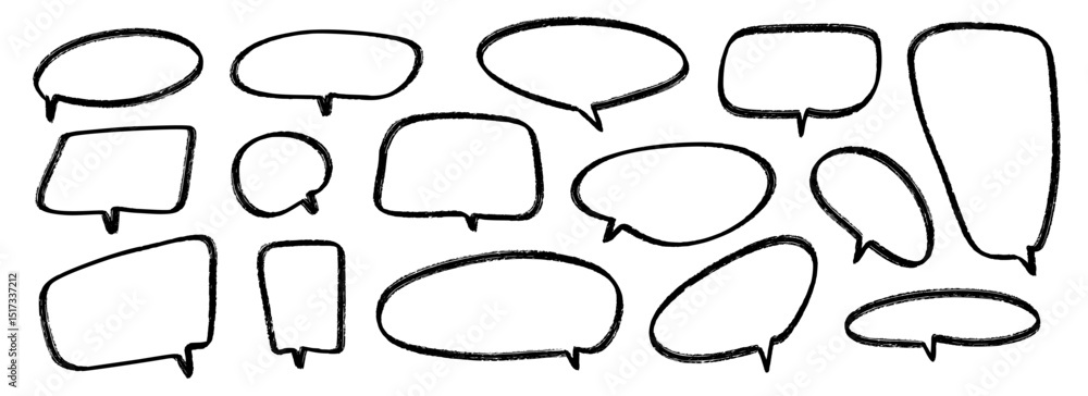 Poster Hand drawn speech bubbles collection. Doodled marker dialog box set. Sketched textured comic talk frames. Round, square or rectangle balloon text box bundle. Vector felt tip pen chat box pack