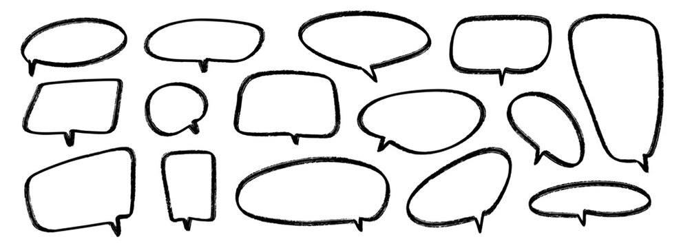 Hand drawn speech bubbles collection. Doodled marker dialog box set. Sketched textured comic talk frames. Round, square or rectangle balloon text box bundle. Vector felt tip pen chat box pack