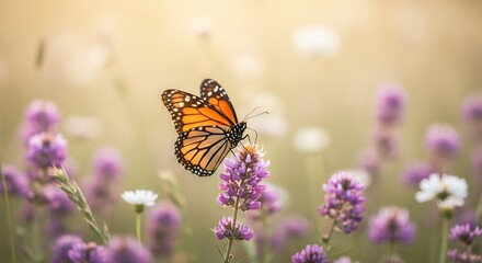優雅に舞う蝶 紫の花畑 穏やかな光