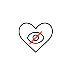 Vector icon of crossed-out eye inside heart, symbolizing secret love, hidden feelings, or private affection. Ideal for dating apps, relationship platforms, and privacy-focused designs