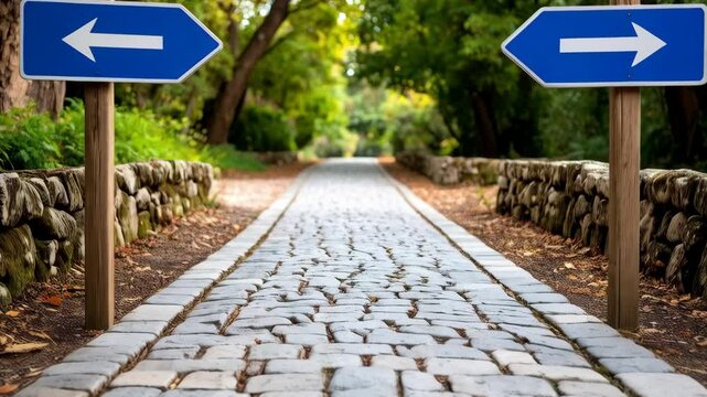 Cobblestone path decision with two blue direction signs in lush green garden scenery, left and right choices.