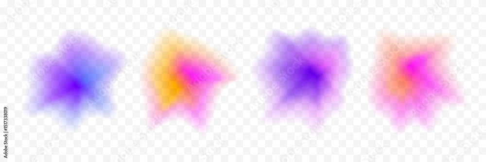 Poster Abstract blurry gradient splash shape set. Colored liquid amoeba blob gradation collection. Y2K blur smooth aura pack. Bright iridescent drop bundle for collage, badge, sticker, label. Vector