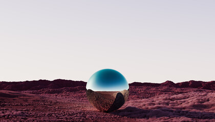 Reflective Sphere in a Vast Red Desert Landscape at Sunset