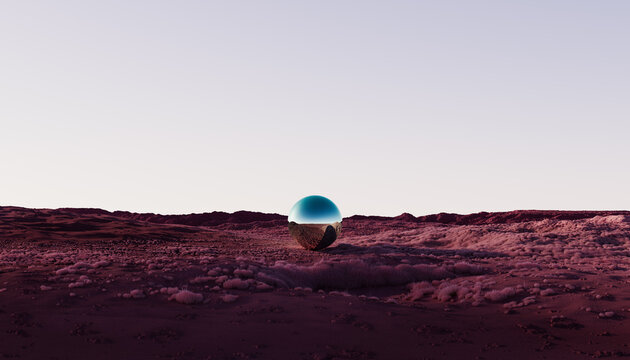 Reflective Sphere in a Vast Red Desert Landscape at Sunset