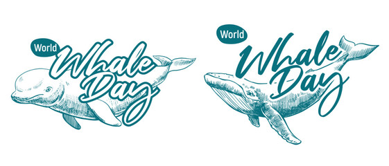 Emblems with an appeal to save marine mammals. Whale Day, February 19, 2025. Vector monochrome linear drawing of a beluga whale and a humpback whale. Concept of the problem of preserving the ocean. © Tata Pilip