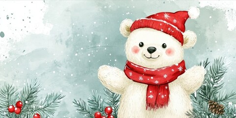 Watercolor Polar Bear, Winter Joy