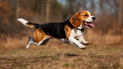 A beagle dog in motion across a field.