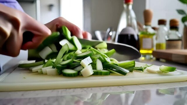 Chopping Fresh Cucumbers and Vegetables for a Healthy Meal