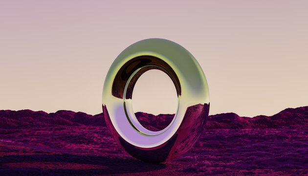 Abstract Metallic Ring in a Vibrant Desert Landscape During Sunset