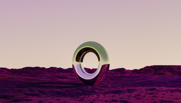 Abstract Metallic Ring in a Vibrant Desert Landscape During Sunset