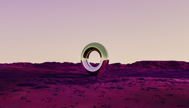 Abstract Metallic Ring in a Vibrant Desert Landscape During Sunset