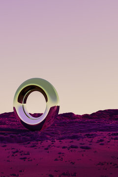 Abstract Metallic Ring in a Vibrant Desert Landscape During Sunset