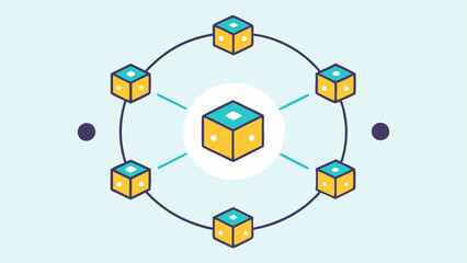 Data Flow Arrows moving between nodes in a circular arrangement illustrating the flow of information and transactions within the blockchain network.