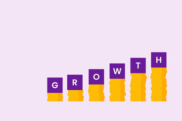 A growing pile of coins with the word "GROWTH" written on it. The concept of financial success, business profits, investment growth and increasing money.