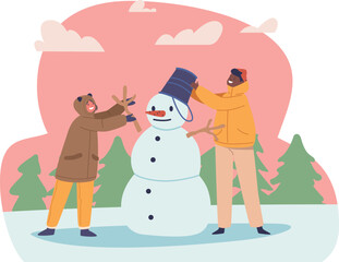 Snowman and children vector illustration