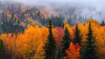 Autumn foliage in misty mountains