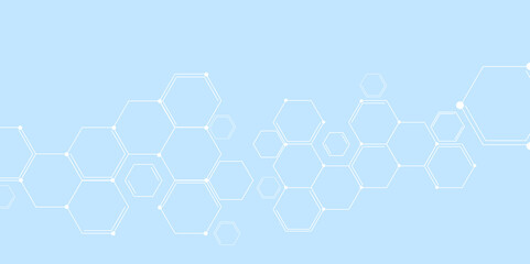 Hexagonal Molecular structure abstract tech network pattern. Medical design. geometric hexagonal honeycomb shape texture background 3d copy space. Science template, wallpaper or banner. Vector.	