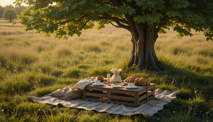 A rustic picnic setup under a big shady tree in a summer field.