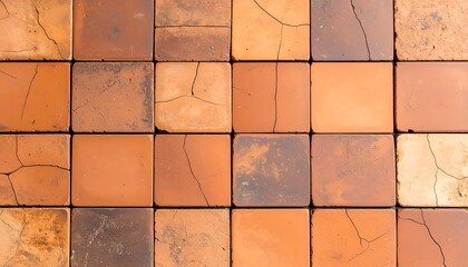 Naklejka premium Rustic cracked terracotta tiles in a square pattern with weathered texture