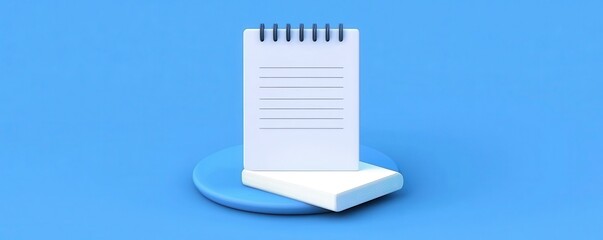 Minimalist 3D illustration of a spiral notepad standing on a platform against a blue background.
