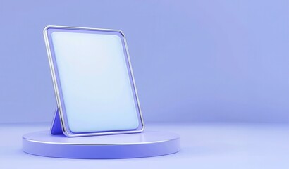 A sleek, modern digital device stands on a circular platform against a minimalist blue background.