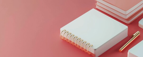 Minimalist scene with spiral notebooks, stacked books, and a gold pen on a pink background.