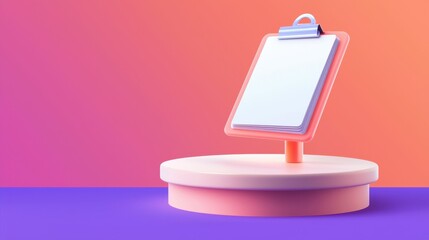 A clipboard with blank paper stands on a round pedestal against a vibrant pink and purple gradient background.