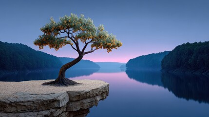 Obraz premium A lone tree stands on a rocky cliff overlooking a calm lake at sunset, surrounded by forested hills.
