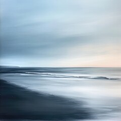 Obraz premium Tranquil coastal scene, soft hues of dawn or dusk. Gentle waves meet the dark shore, painted in muted tones
