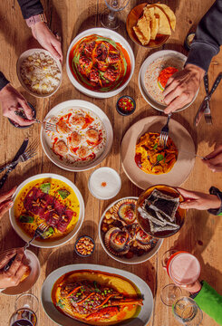 Table full of Peruvian food at a restaurant