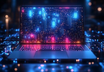 Laptop mockup with glowing digital circuit board on screen

