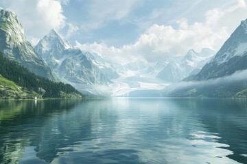 Fototapeta premium Picturesque alpine lake nestled amongst snow-capped peaks