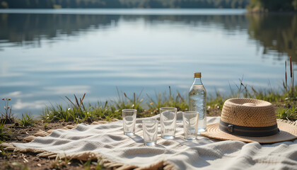 Lakeside picnic scene with a neutral-toned mat.