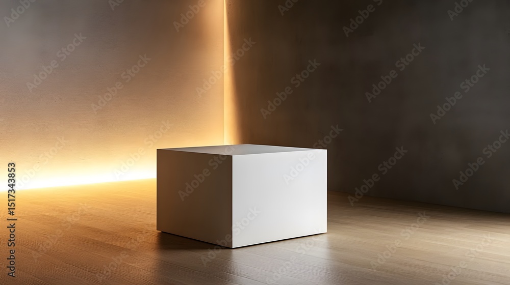 Poster white cube display platform in a minimalist room.