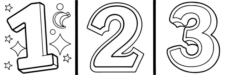 Bold Numbers 1 2 3 with Decorative Stars and Moon Outline for Coloring Book Pages