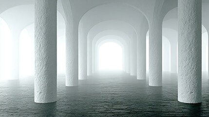 A spacious, arched hallway with numerous white pillars.