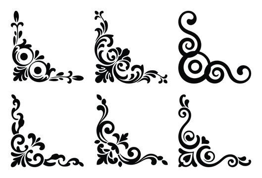 Six elegant black floral corner ornaments