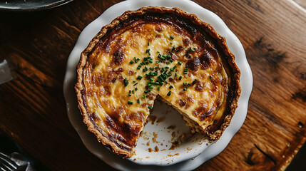 Quiche with a Slice Removed, Garnished with Chives on a Wooden Table