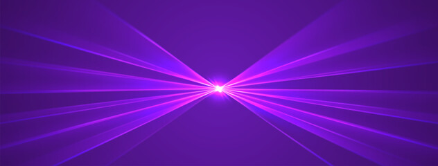 Purple laser rays or beams, glowing neon lines, bright futuristic background. Concert or nightclub spotlights. Vector illustration.