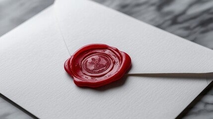 Elegant white envelope sealed with red wax seal on gray marble surface perfect for formal correspondence and vintage style communication