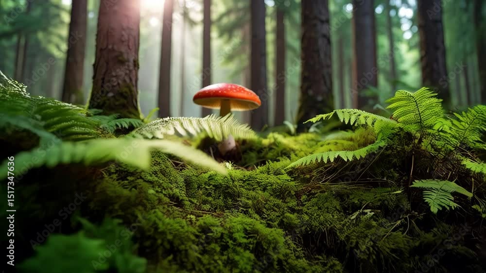 Poster red mushroom surrounded by vibrant green moss and ferns in a deep lush forest with tall trees and br